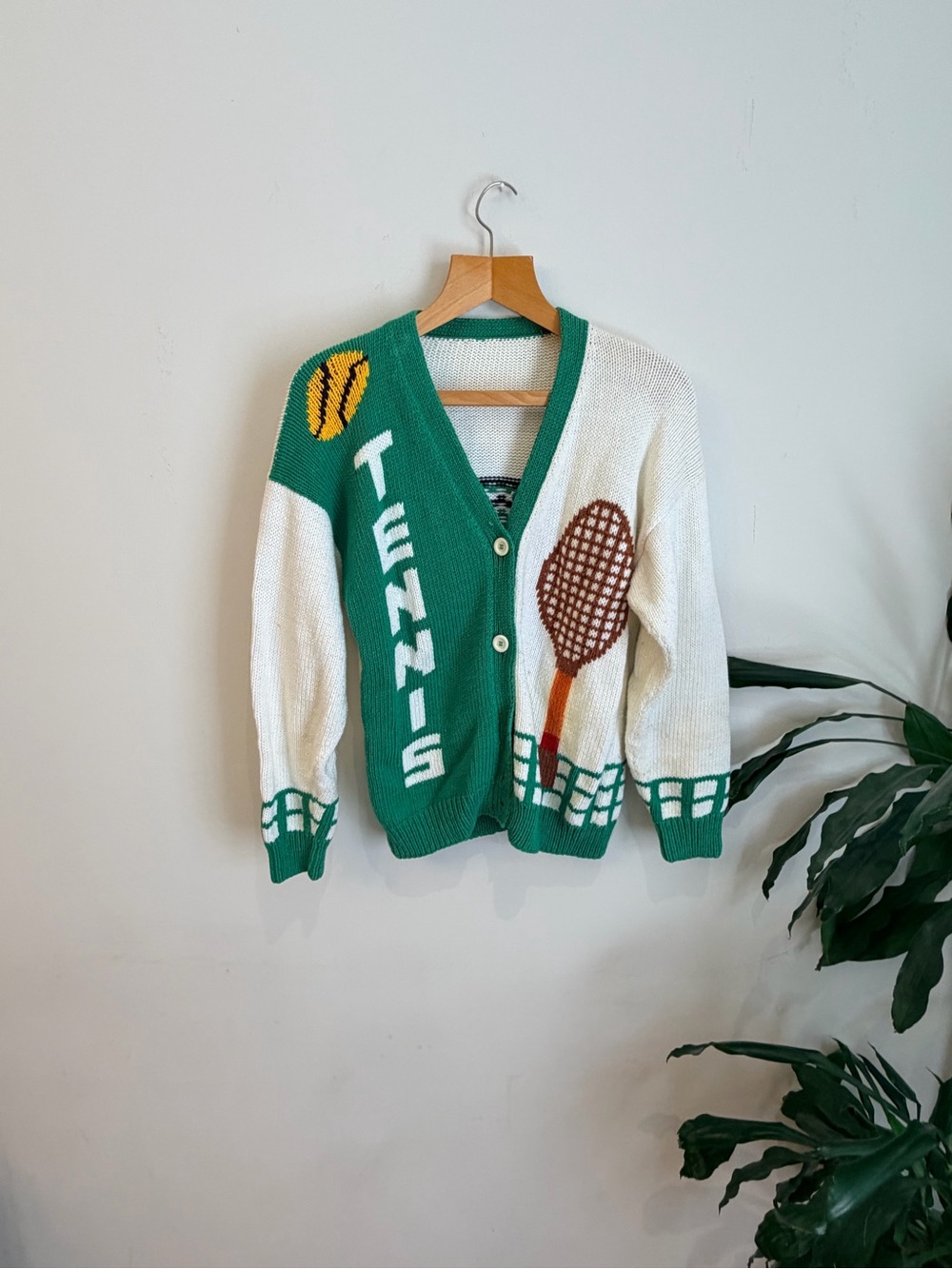 Unisex Vintage Green & White Tennis Graphic Cardigan Sweater